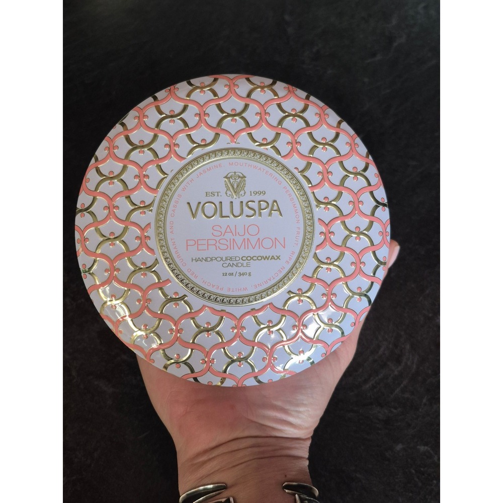 Voluspa Saijo Persimmon 3 Wick Coco Wax Candle Decorative Tin With Lid Jar 12Oz